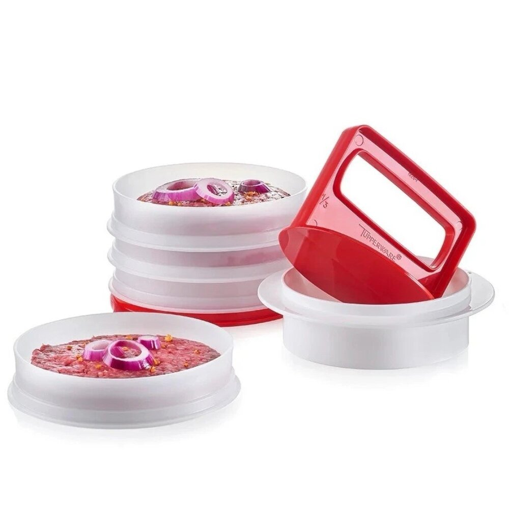 Tupperware Burger Press Super Set w/4 Keepers 5" 1 Red Seal 1 Press 1 Ring NEW